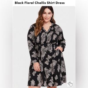 Plus black floral challis button shirt dress